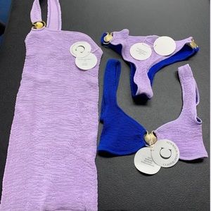 Cleonie purple and blue shell 2 piece swim suit and crinkled one shoulder dress